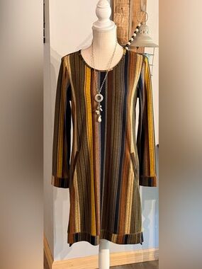 Tacera Vertical Stripe Long Sleeve Dress in Mustard, Navy & Brown